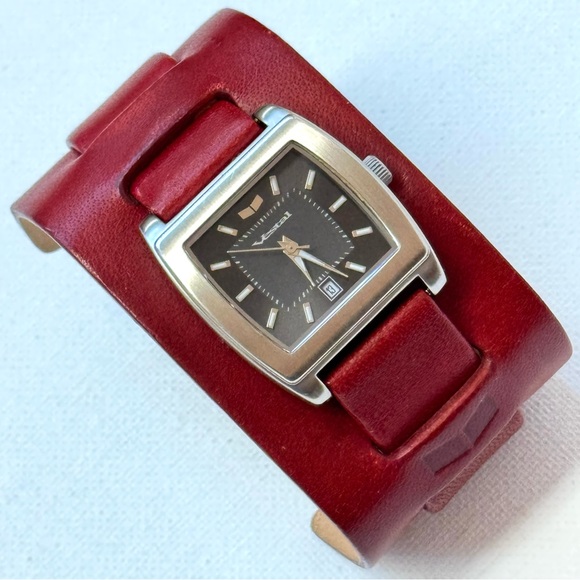 Vestal Vota Women's Red Leather Cuff Watch Date Silver Black/Gray Dial - Picture 1 of 12